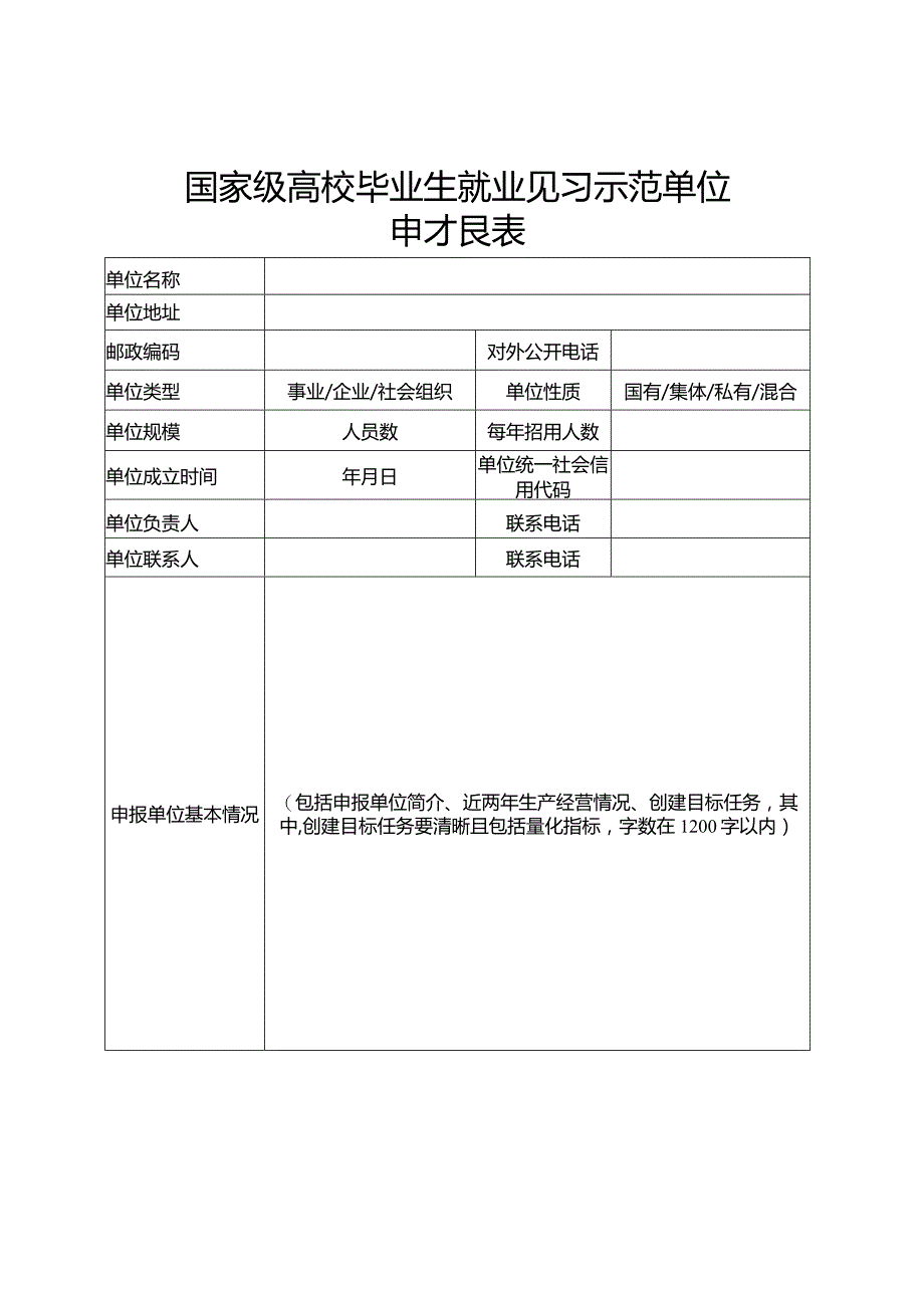 国家级高校毕业生就业见习示范单位申报表.docx_第1页