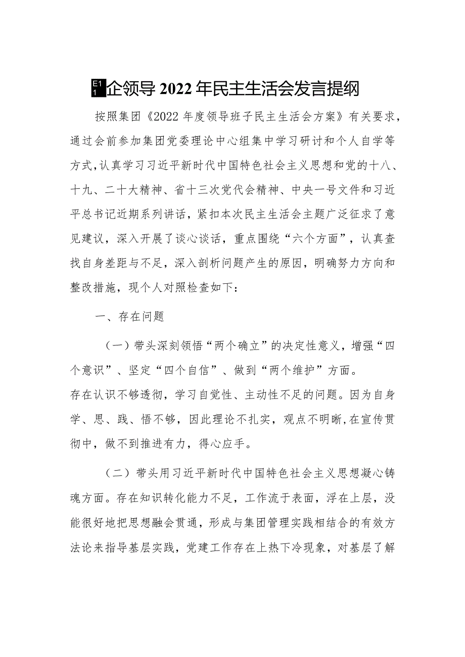 国企领导2022年民主生活会发言提纲.docx_第1页