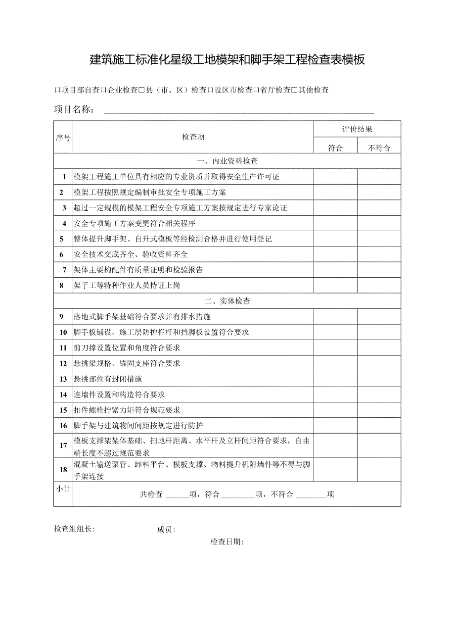 建筑施工标准化星级工地模架和脚手架工程检查表模板.docx_第1页