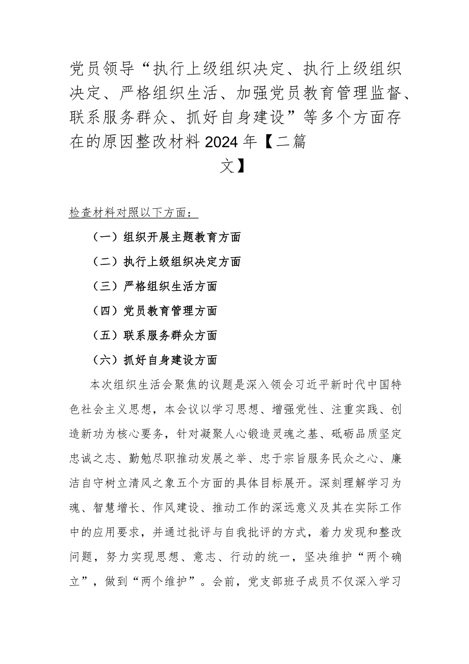 党员领导“执行上级组织决定、执行上级组织决定、严格组织生活、加强党员教育管理监督、联系服务群众、抓好自身建设”等多个方面存在的原.docx_第1页