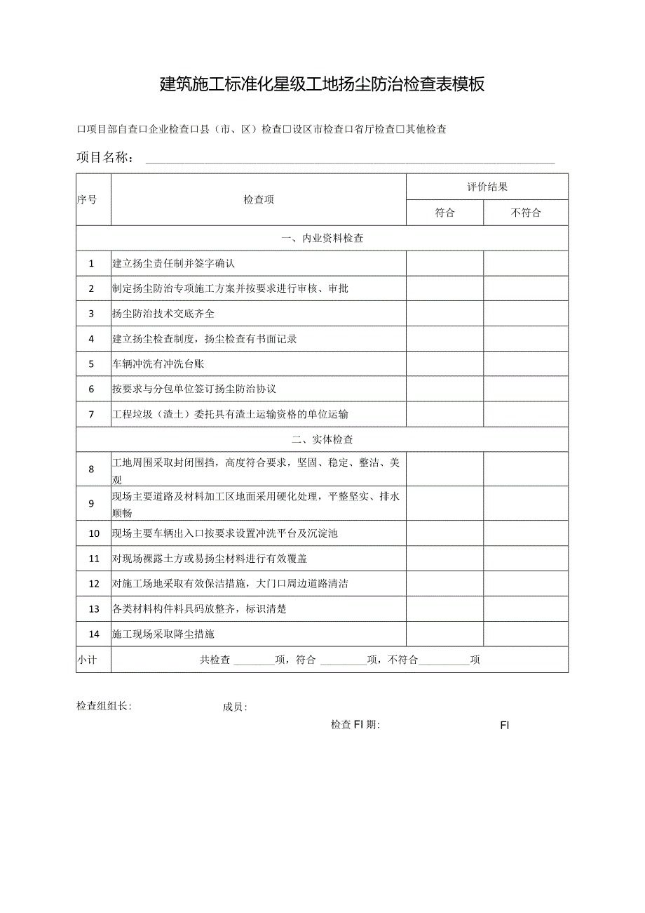 建筑施工标准化星级工地扬尘防治检查表模板.docx_第1页