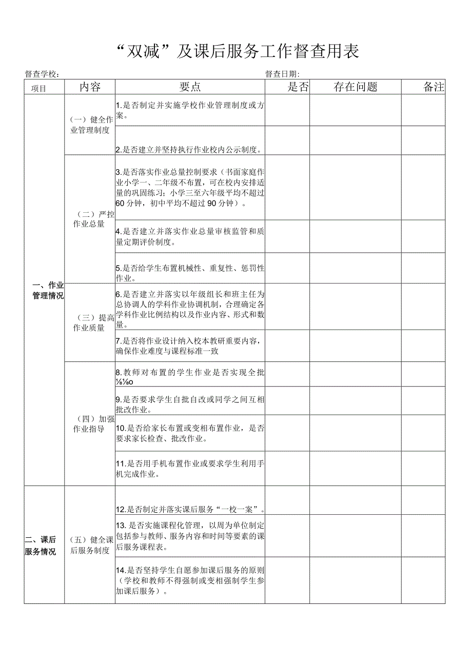 双减及课后服务督查用表模板.docx_第1页