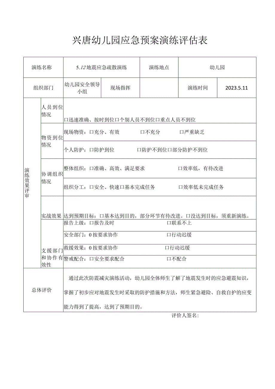 兴唐幼儿园地震应急疏散演练记录表、演练评估表.docx_第2页