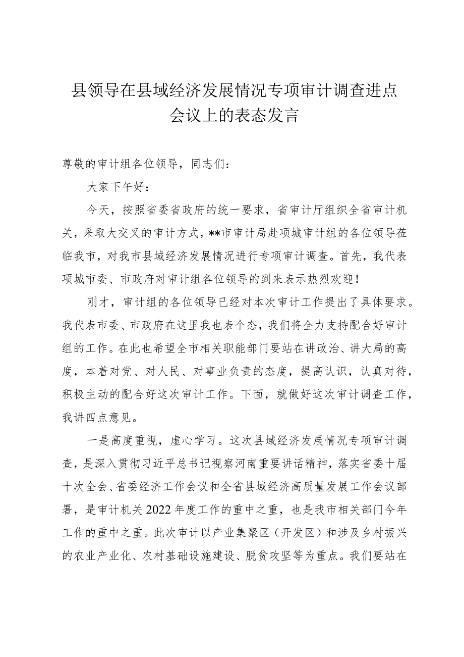 县领导在县域经济发展情况专项审计调查进点会议上的表态发言.docx_第1页