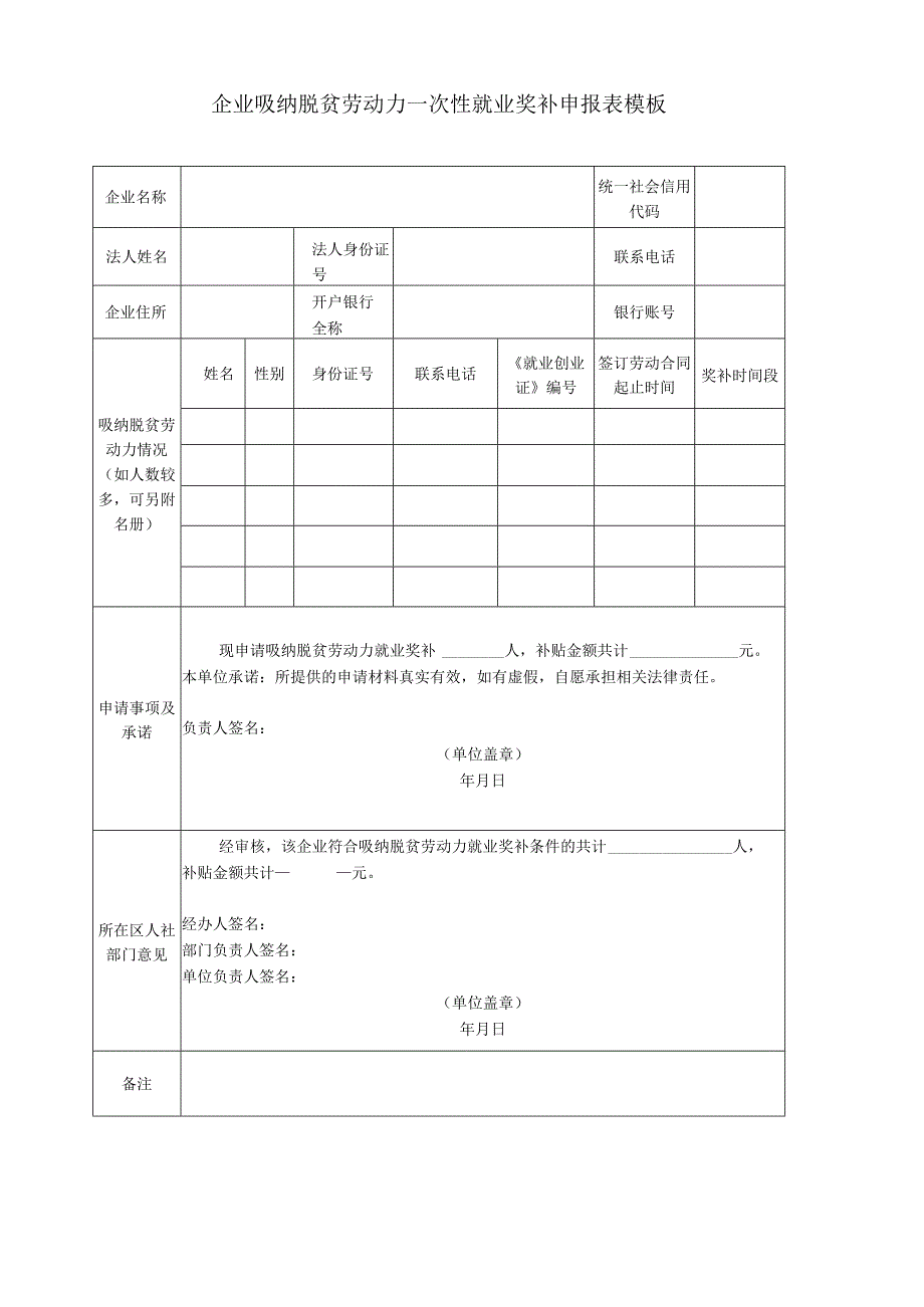 企业吸纳脱贫劳动力一次性就业奖补申报表模板.docx_第1页