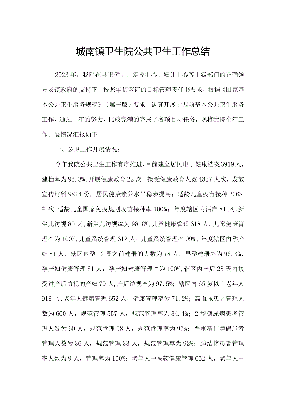 城南镇卫生院公共卫生工作总结.docx_第1页