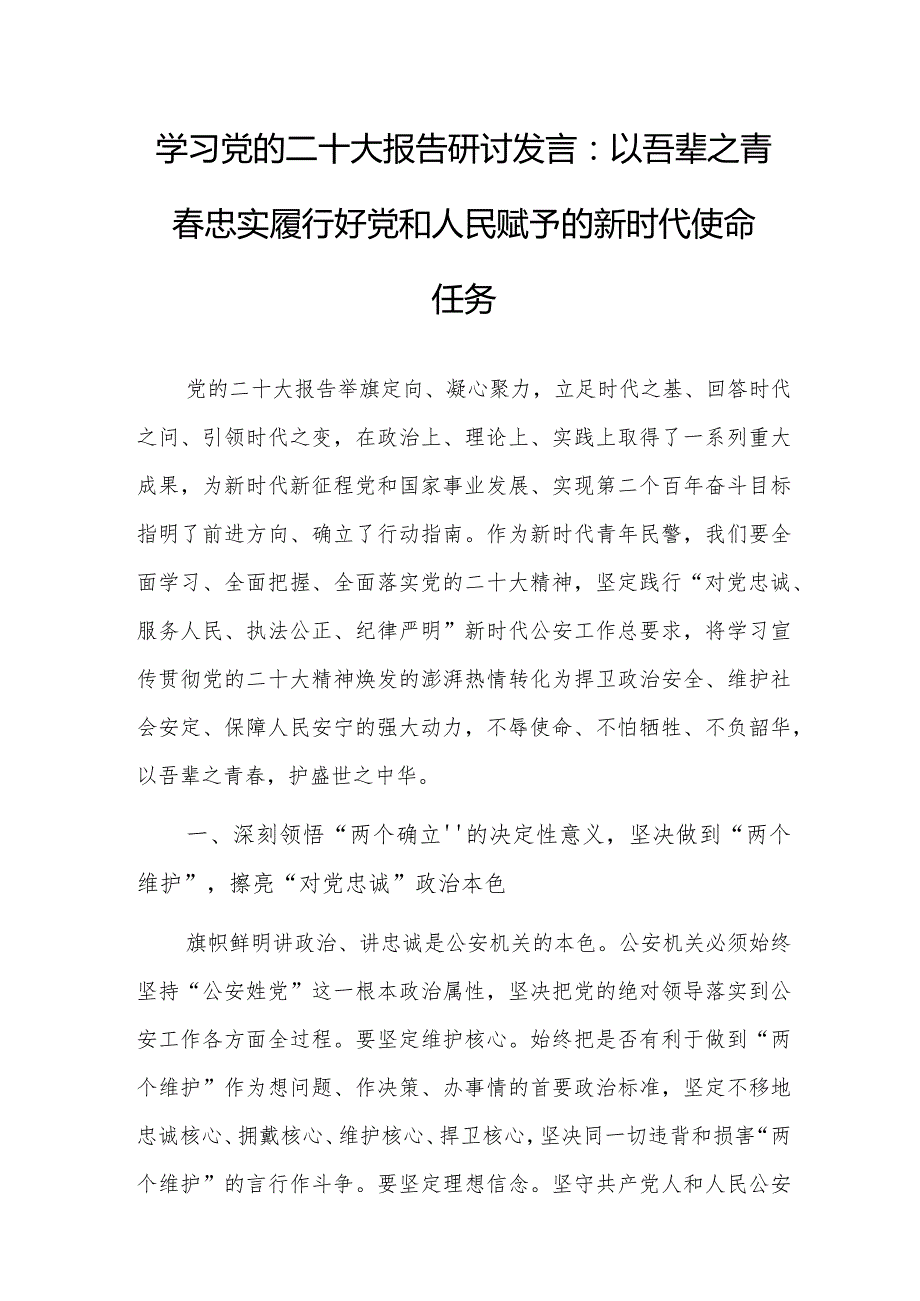 学习党的二十大报告研讨发言：以吾辈之青春 忠实履行好党和人民赋予的新时代使命任务.docx_第1页