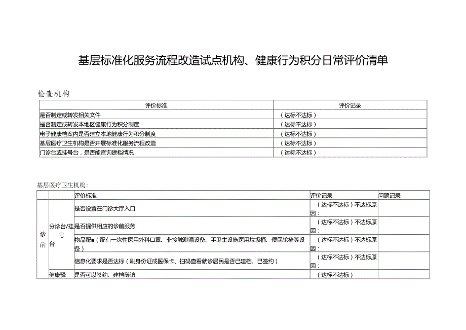 基层标准化服务流程改造试点机构、健康行为积分日常评价清单1-3-10.docx_第1页