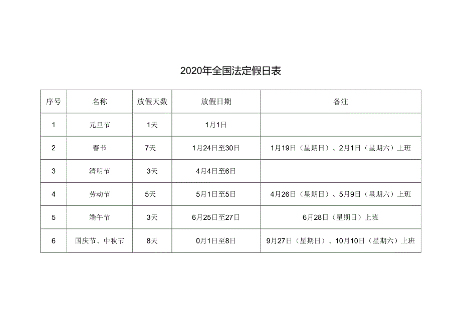 2020年全国法定假日表.docx_第1页