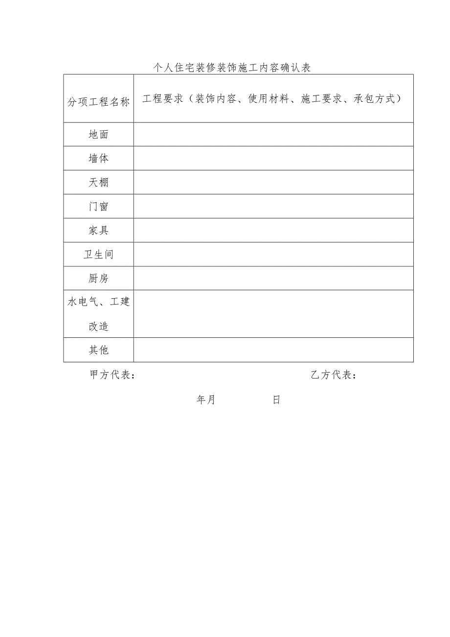 个人住宅装修装饰施工内容确认表.docx_第1页