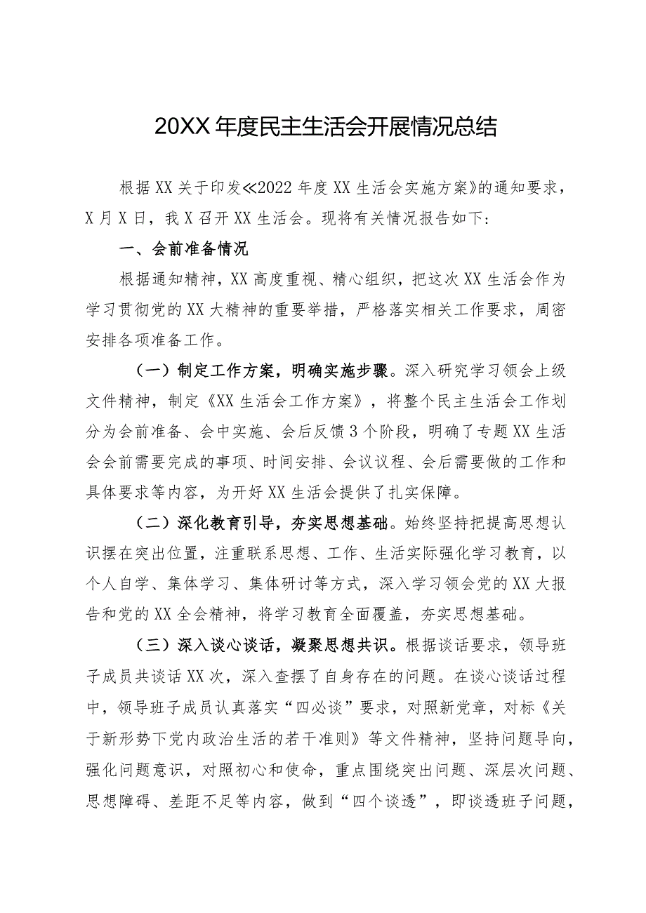 2022年度民主生活会开展情况总结(精选).docx_第1页