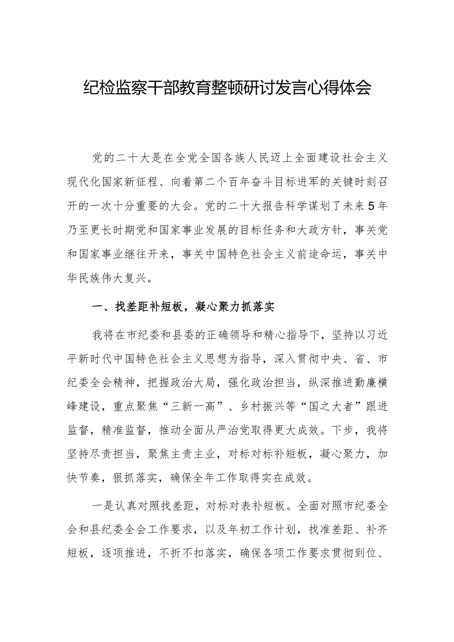 2023年纪委副书记纪检监察干部教育整顿研讨发言心得体会材料.docx_第1页