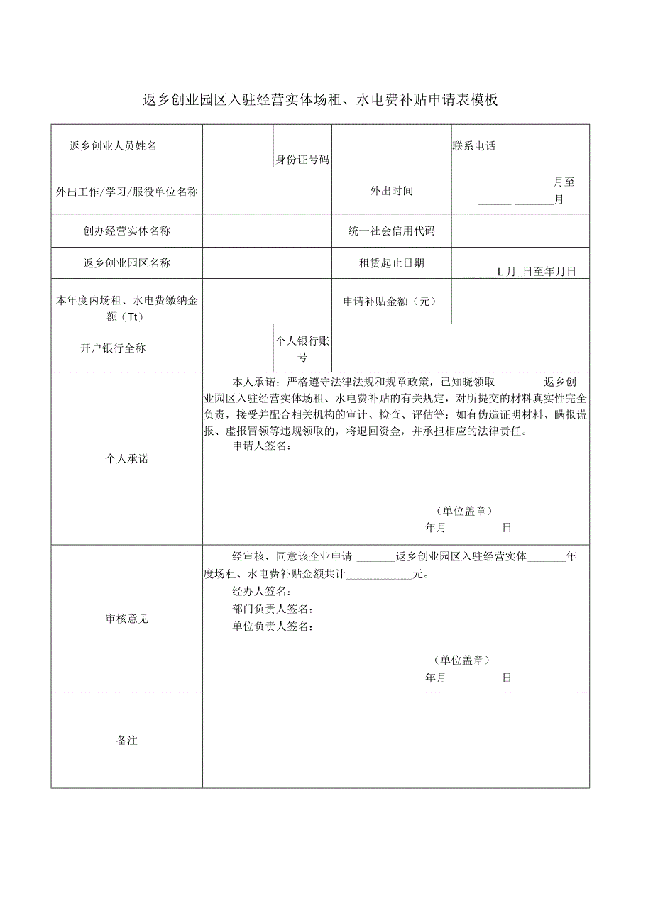 返乡创业园区入驻经营实体场租、水电费补贴申请表模板.docx_第1页