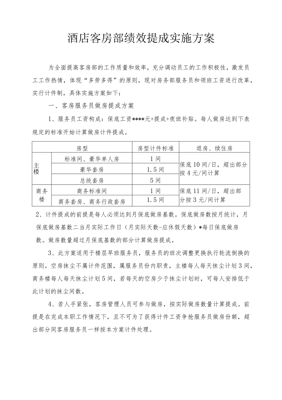 酒店客房部绩效提成实施方案1-3-16.docx_第1页