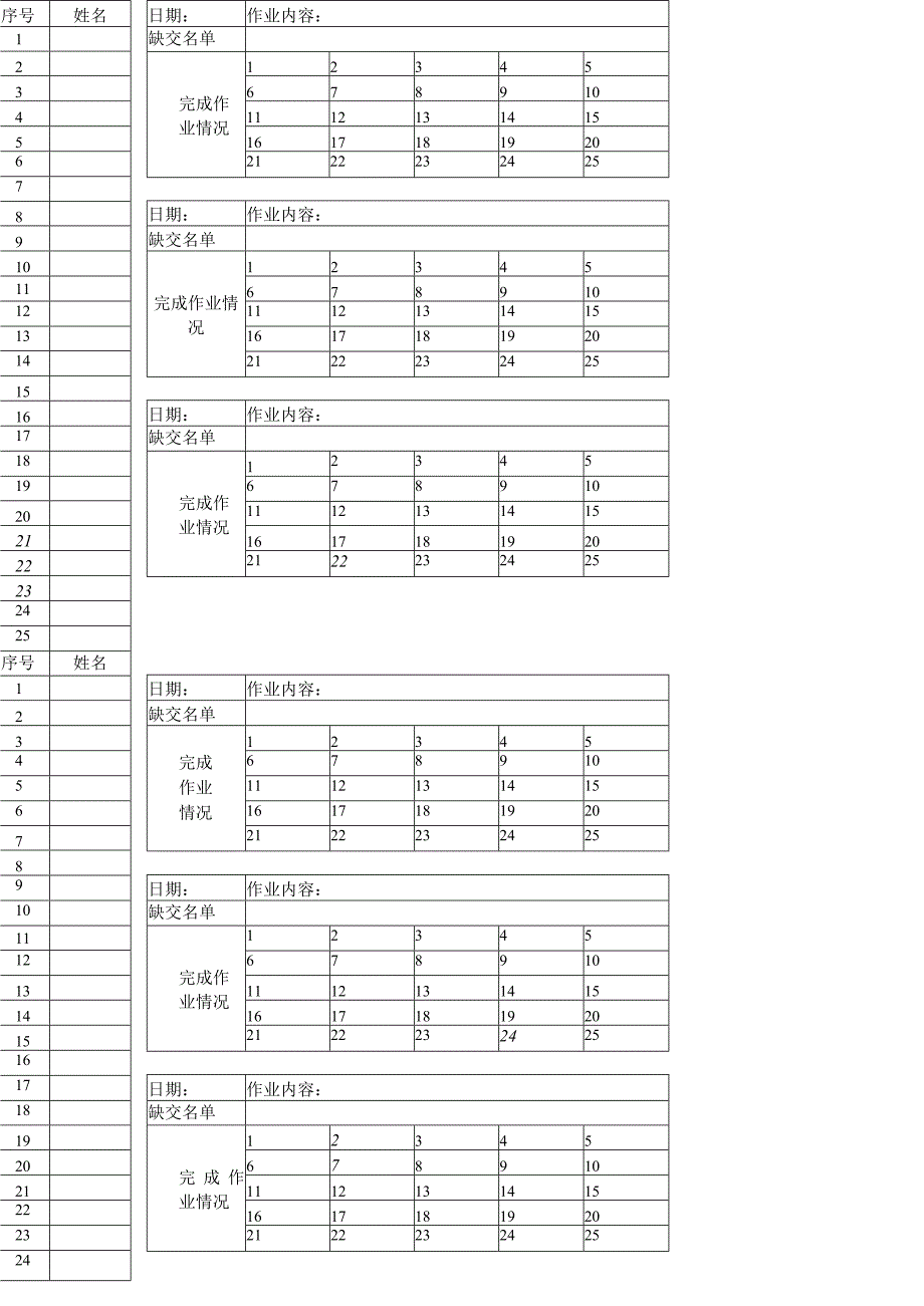 班主任科任教师25人以内班级作业统计表.docx_第1页