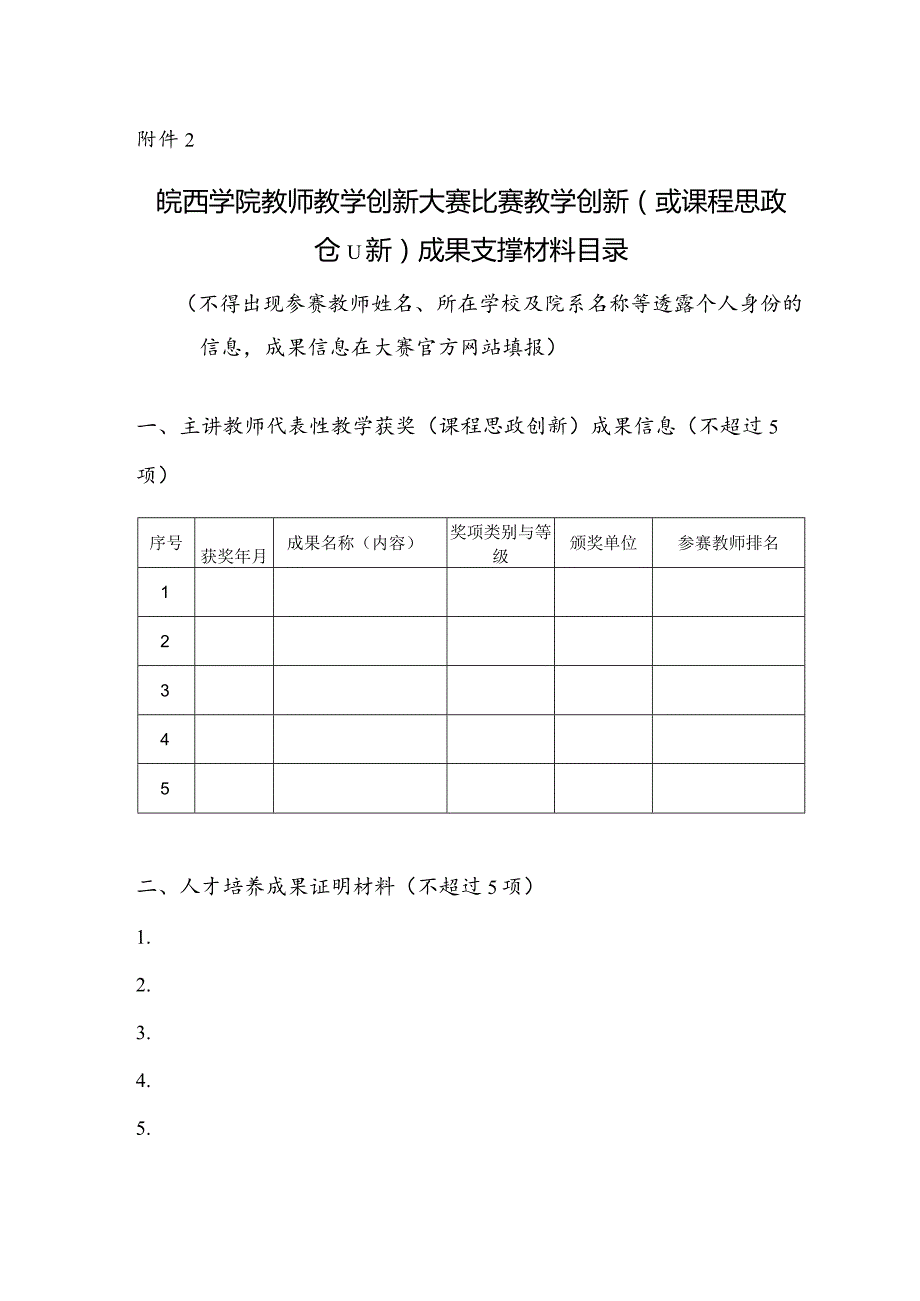 附件2：皖西学院教师教学创新大赛比赛教学创新（或课程思政创新）成果支撑材料目录.docx_第1页