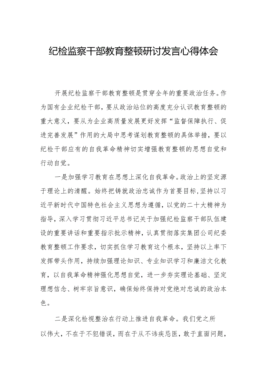 纪检监察干部教育整顿研讨发言心得体会材料.docx_第1页