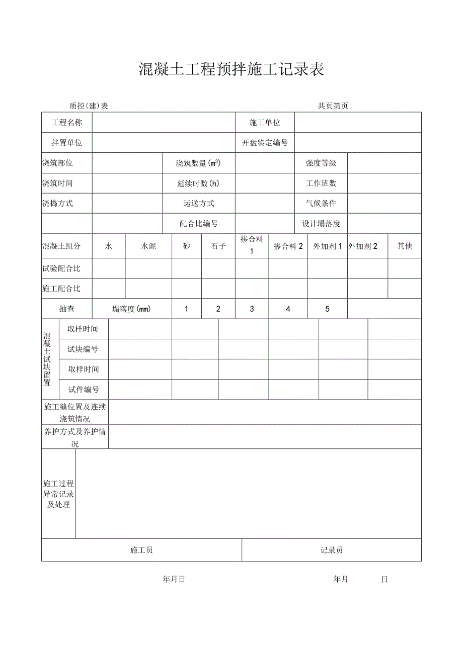 混凝土工程预拌施工记录表.docx_第1页