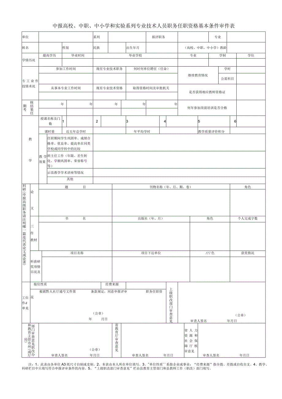 申报高校、中职、中小学和实验系列专业技术人员职务任职资格基本条件审查表.docx_第1页