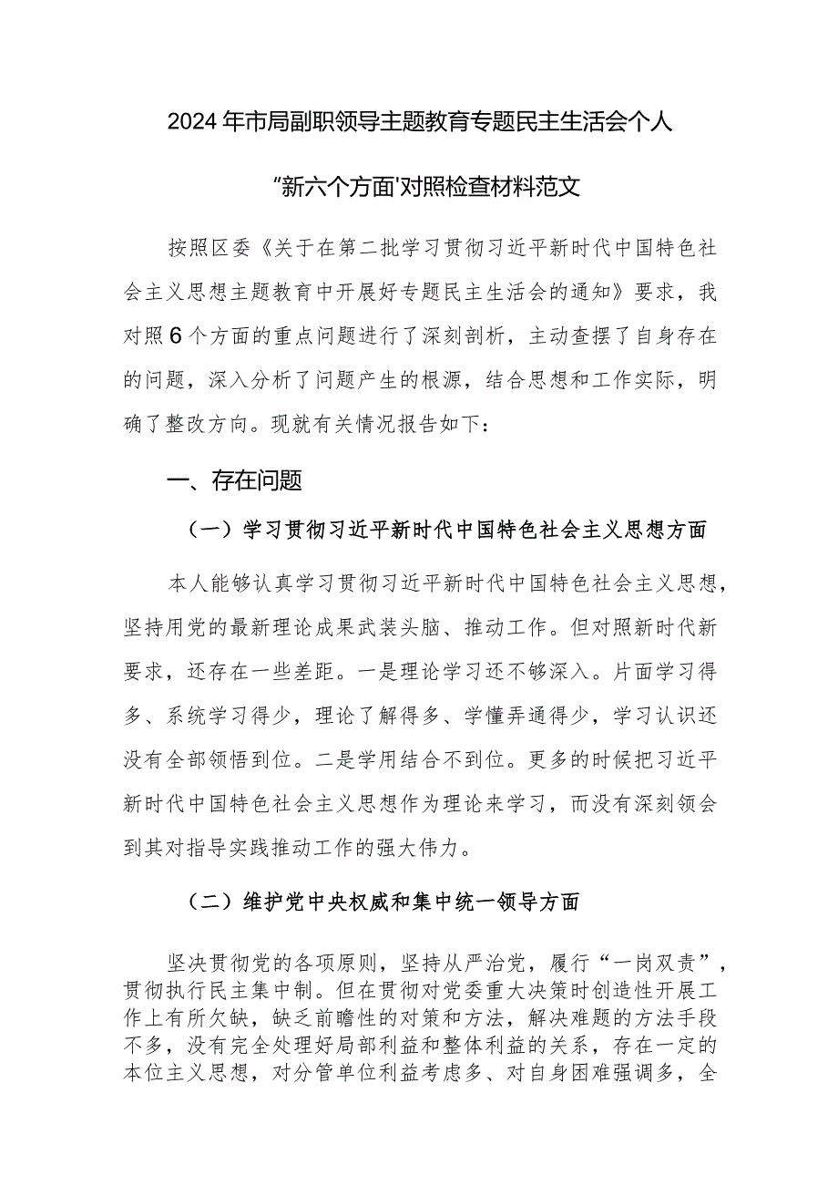 2024年市局副职领导主题教育专题民主生活会个人“新六个方面”对照检查材料范文.docx_第1页