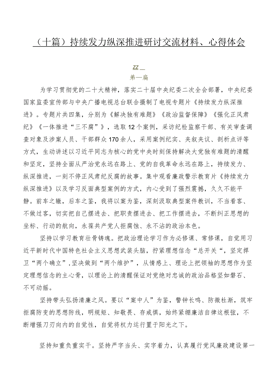 （十篇）持续发力纵深推进研讨交流材料、心得体会.docx_第1页