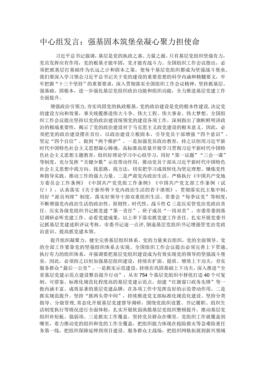 中心组发言：强基固本筑堡垒凝心聚力担使命.docx_第1页