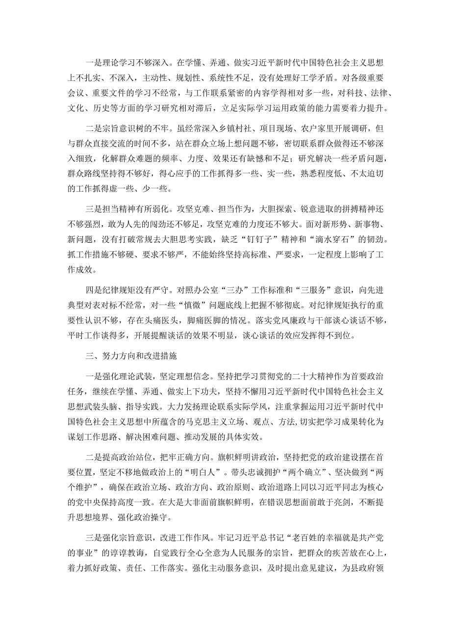 县政府办公室督查专员主题教育专题民主生活会个人对照检查发言提纲.docx_第3页