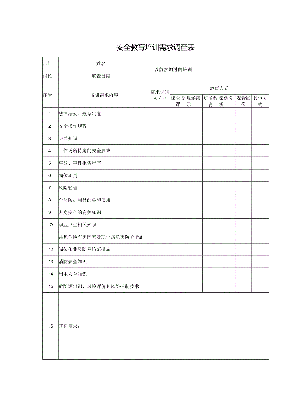 安全教育培训需求调查表.docx_第1页