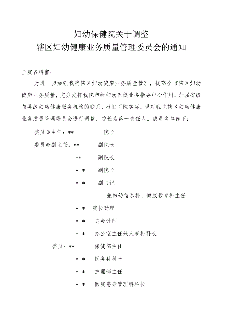 妇幼保健院关于调整辖区妇幼健康业务质量管理委员会的通知.docx_第1页