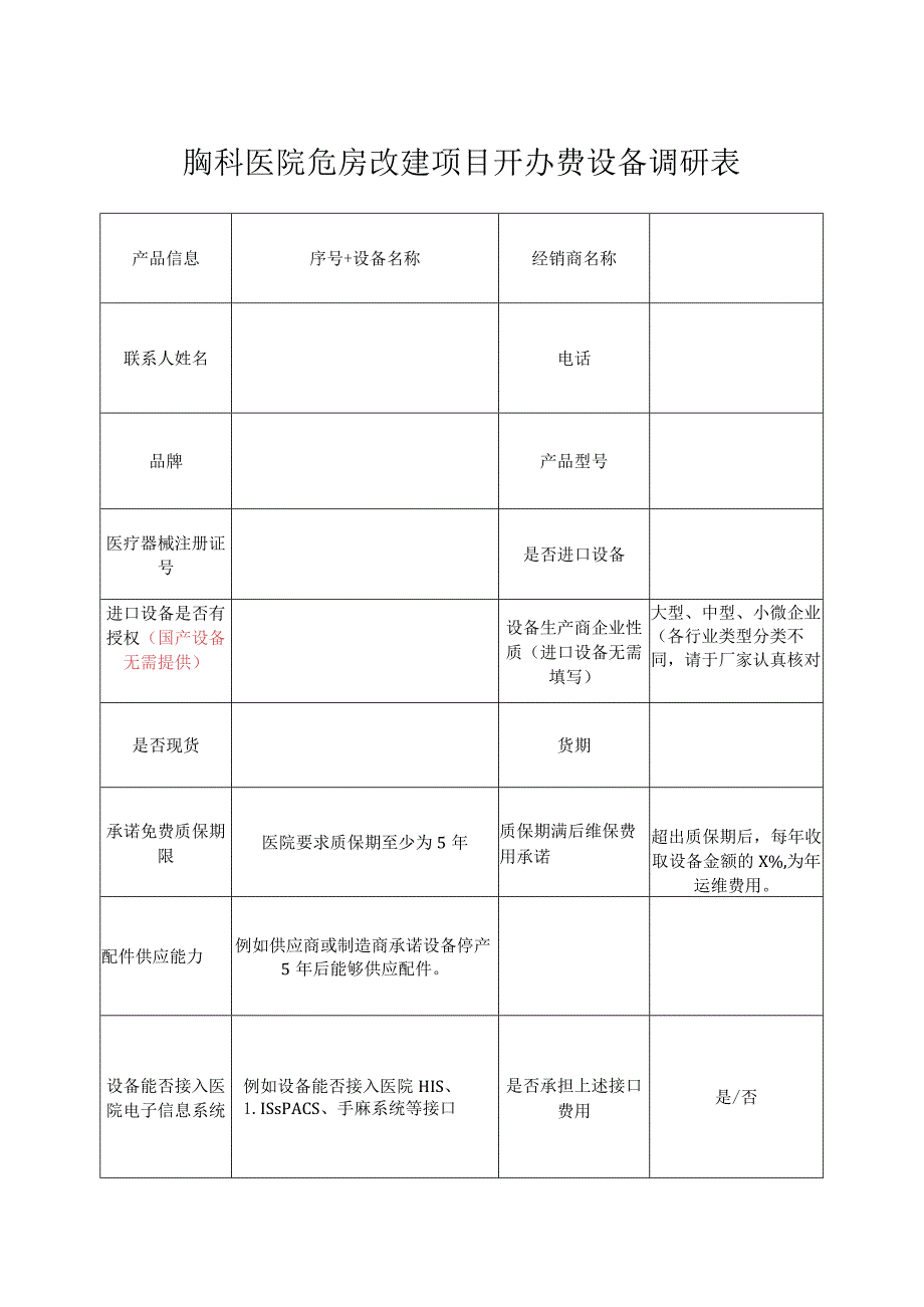 胸科医院危房改建项目开办费设备调研表.docx_第1页