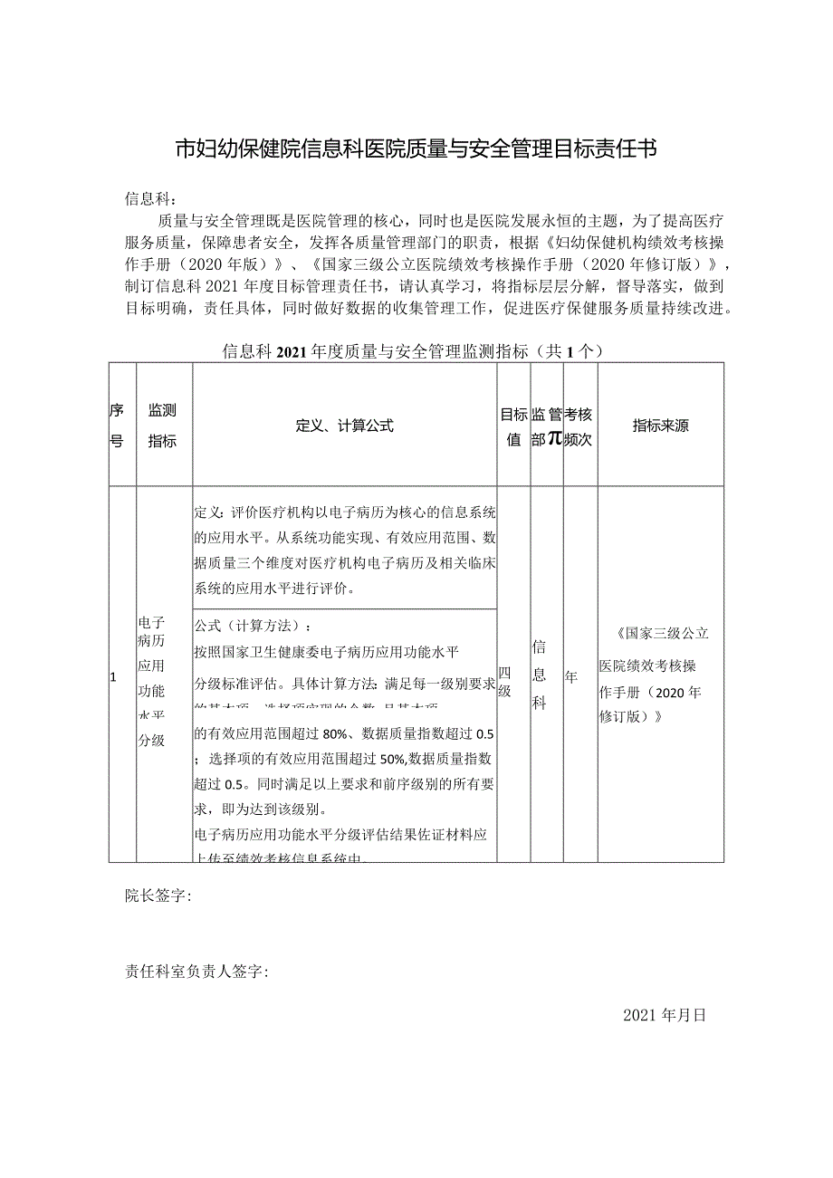 妇幼保健院信息科医院质量与安全管理目标责任书.docx_第1页