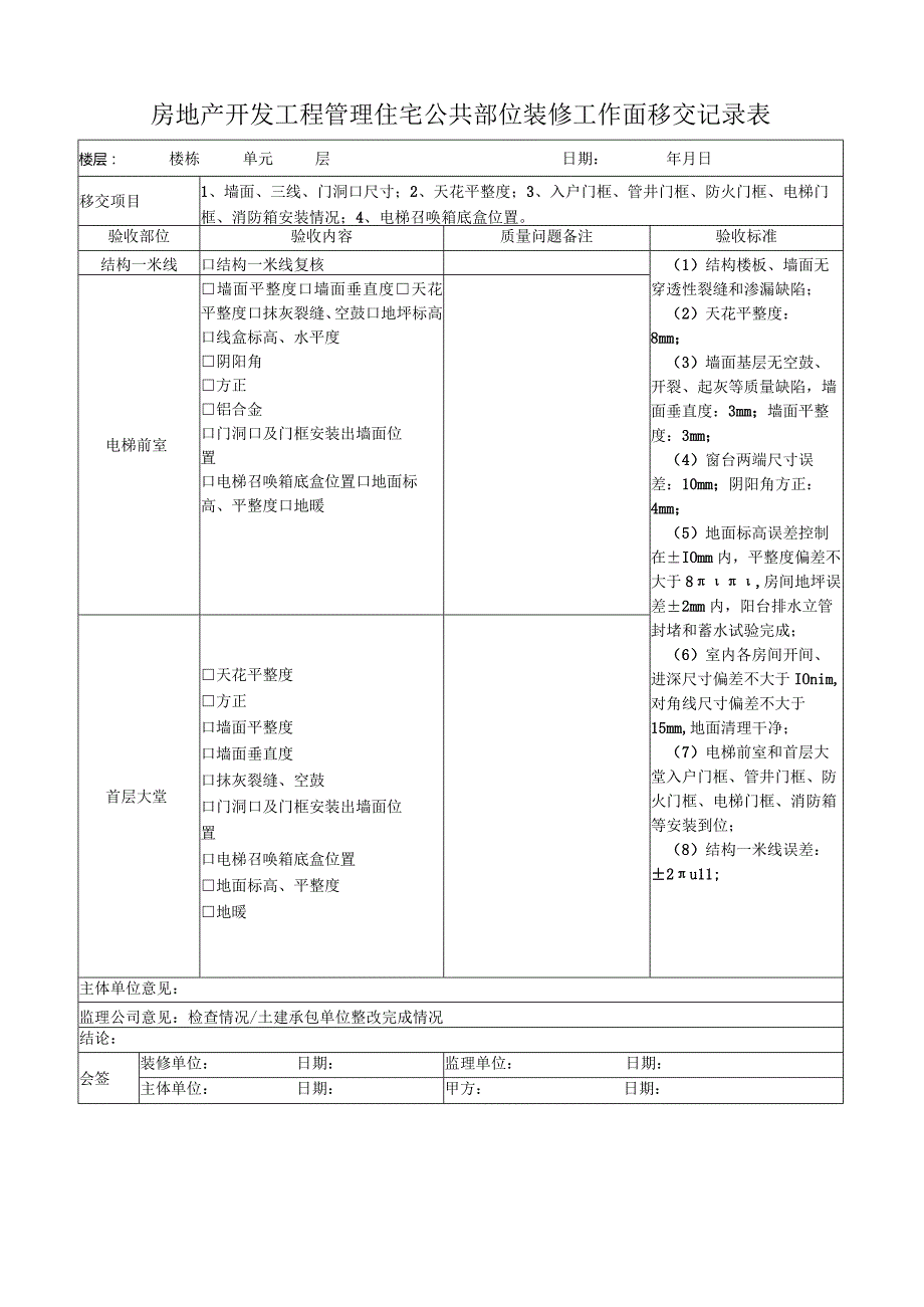 房地产开发工程管理住宅公共部位装修工作面移交记录表.docx_第1页