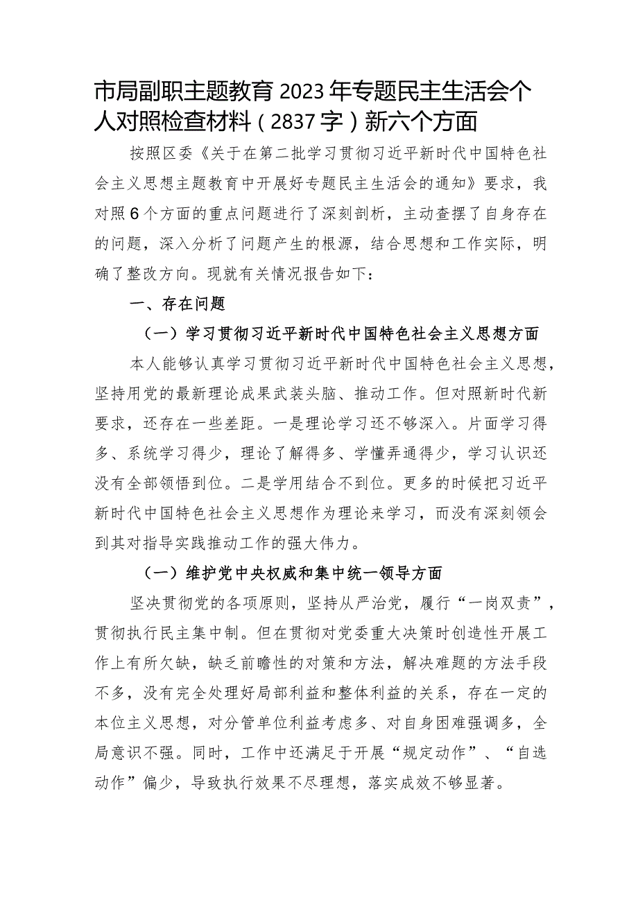 市局副职2023年主题教育民主生活会对照检查材料（践行宗旨等6个方面）.docx_第1页