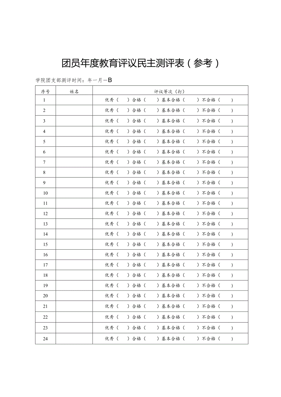 团员年度教育评议民主测评表参考学院团支部测评时间年月日.docx_第1页