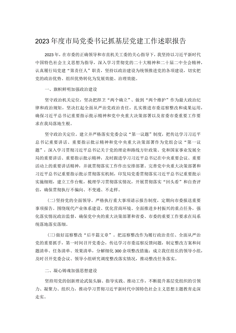 2023年度市局党委书记抓基层党建工作述职报告.docx_第1页