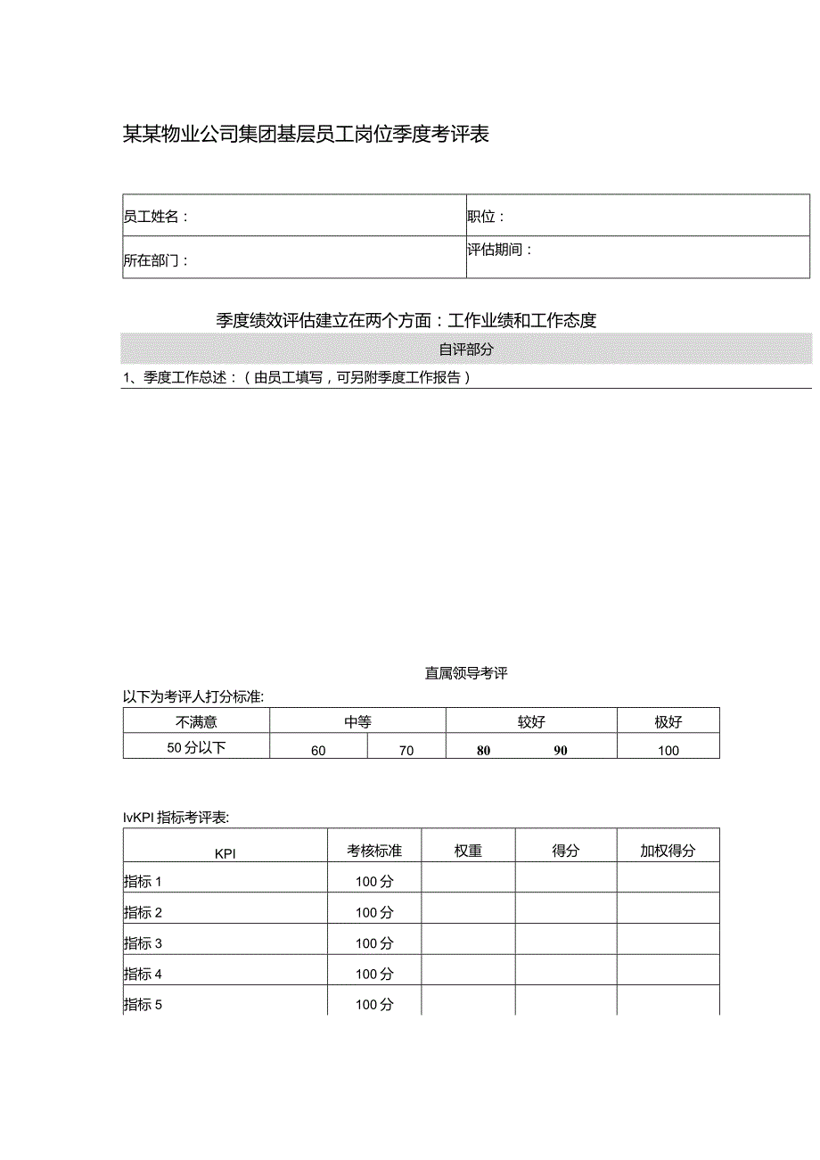 某某物业公司集团基层员工岗位季度考评表.docx_第1页