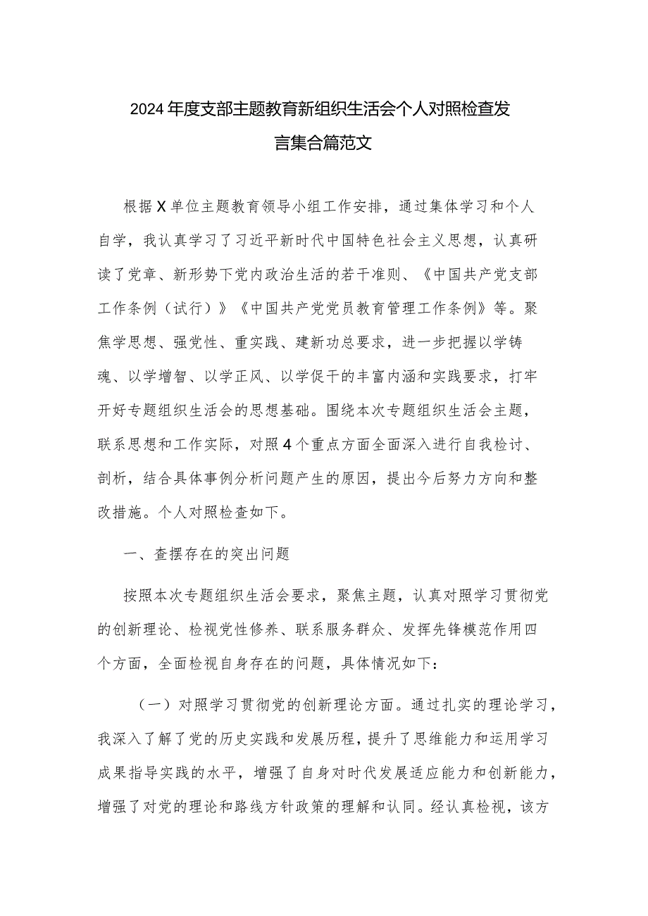 2024年度支部主题教育新组织生活会个人对照检查发言集合篇范文.docx_第1页