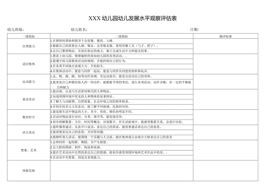 幼儿园幼儿发展水平观察评估表.docx_第1页