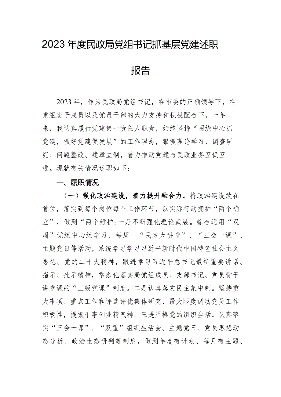 2023年度民政局党组书记抓基层党建述职报告.docx_第1页