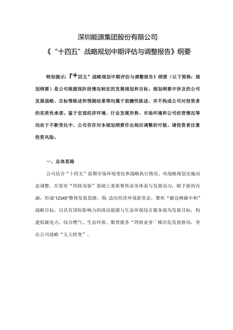 深圳能源：《“十四五”战略规划中期评估与调整报告》纲要.docx_第1页