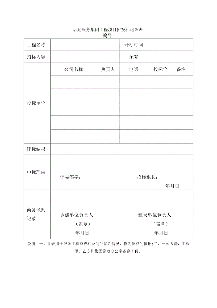 后勤服务集团工程项目招投标记录表.docx_第1页