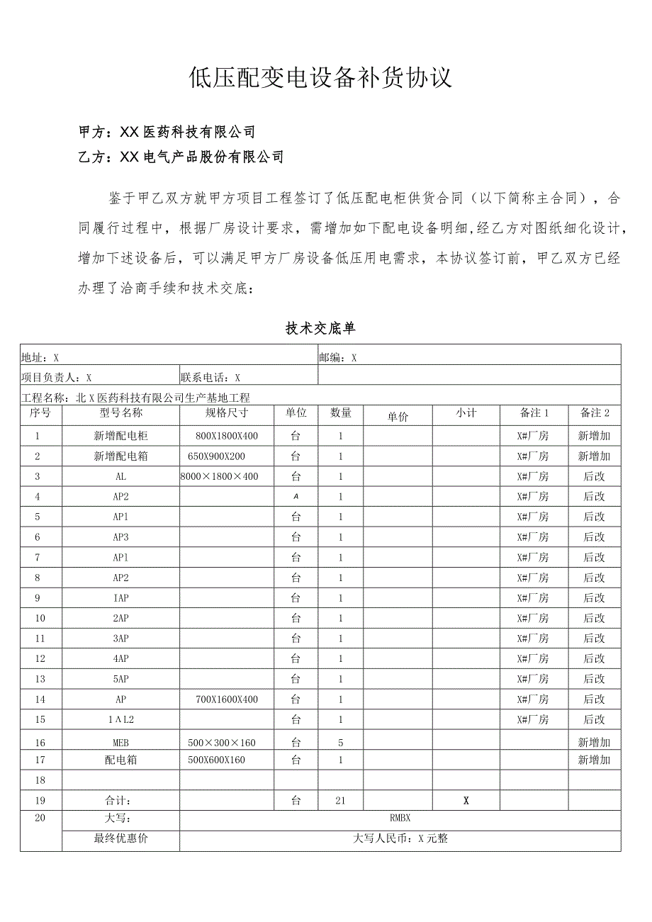 低压配变电设备补货协议（2024年XX医药科技有限公司与XX电气产品股份有限公司）.docx_第1页