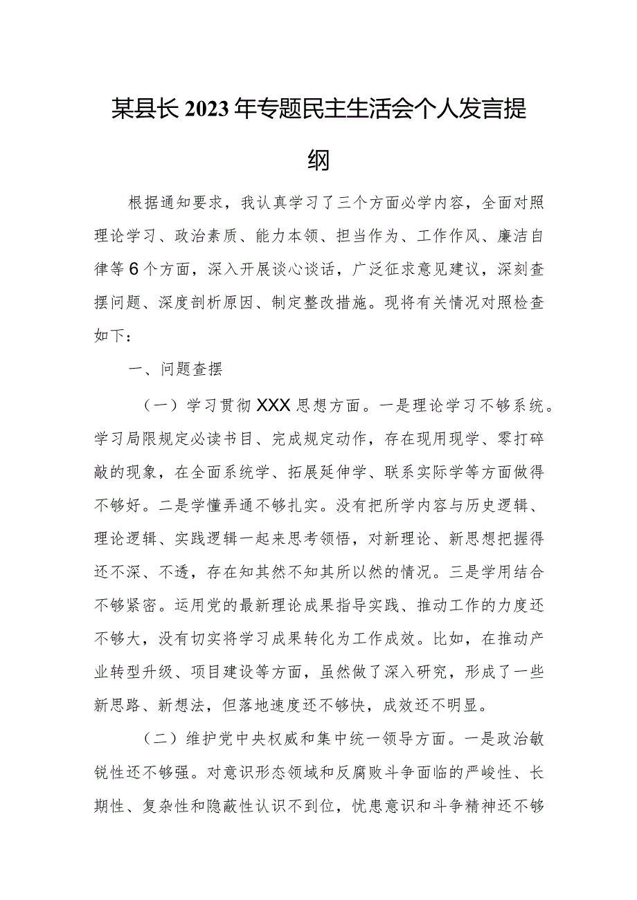 某县长2023年专题民主生活会个人发言提纲.docx_第1页