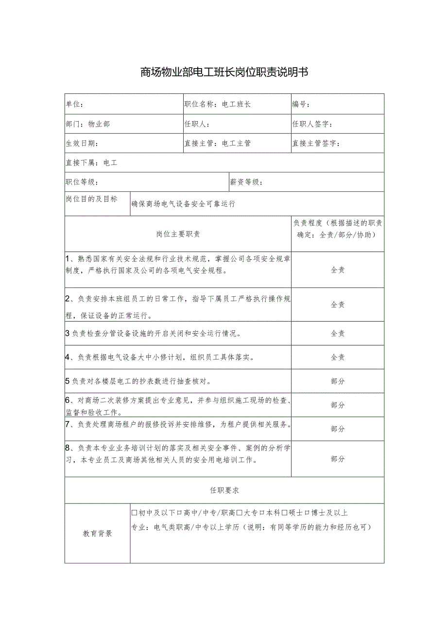 商场物业部电工班长岗位职责说明书.docx_第1页