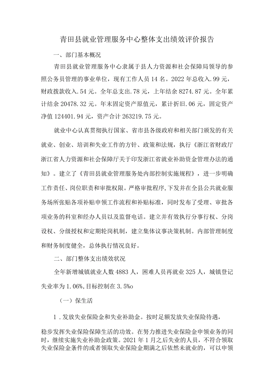 青田县就业管理服务中心整体支出绩效评价报告.docx_第1页