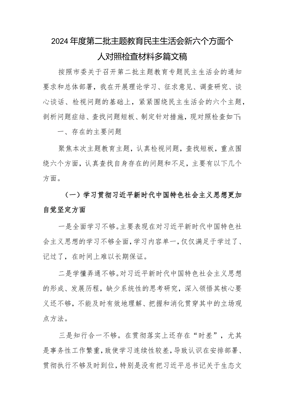 2024年度第二批主题教育民主生活会新六个方面个人对照检查材料多篇文稿.docx_第1页