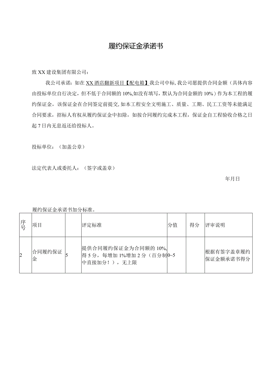 XX酒店翻新项目履约保证金承诺书（2024年）.docx_第1页