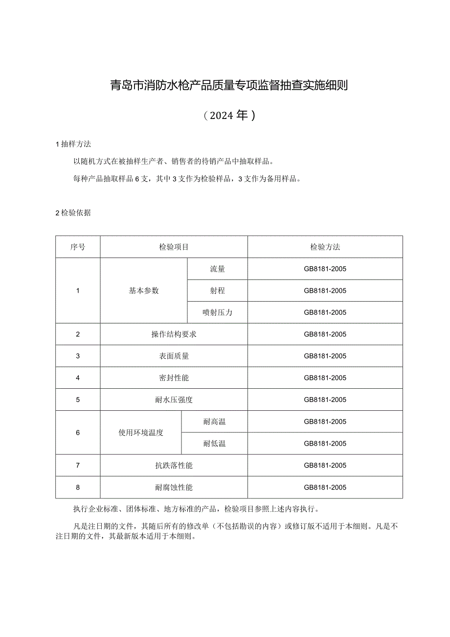 青岛市消防水枪产品质量专项监督抽查实施细则2024年.docx_第1页