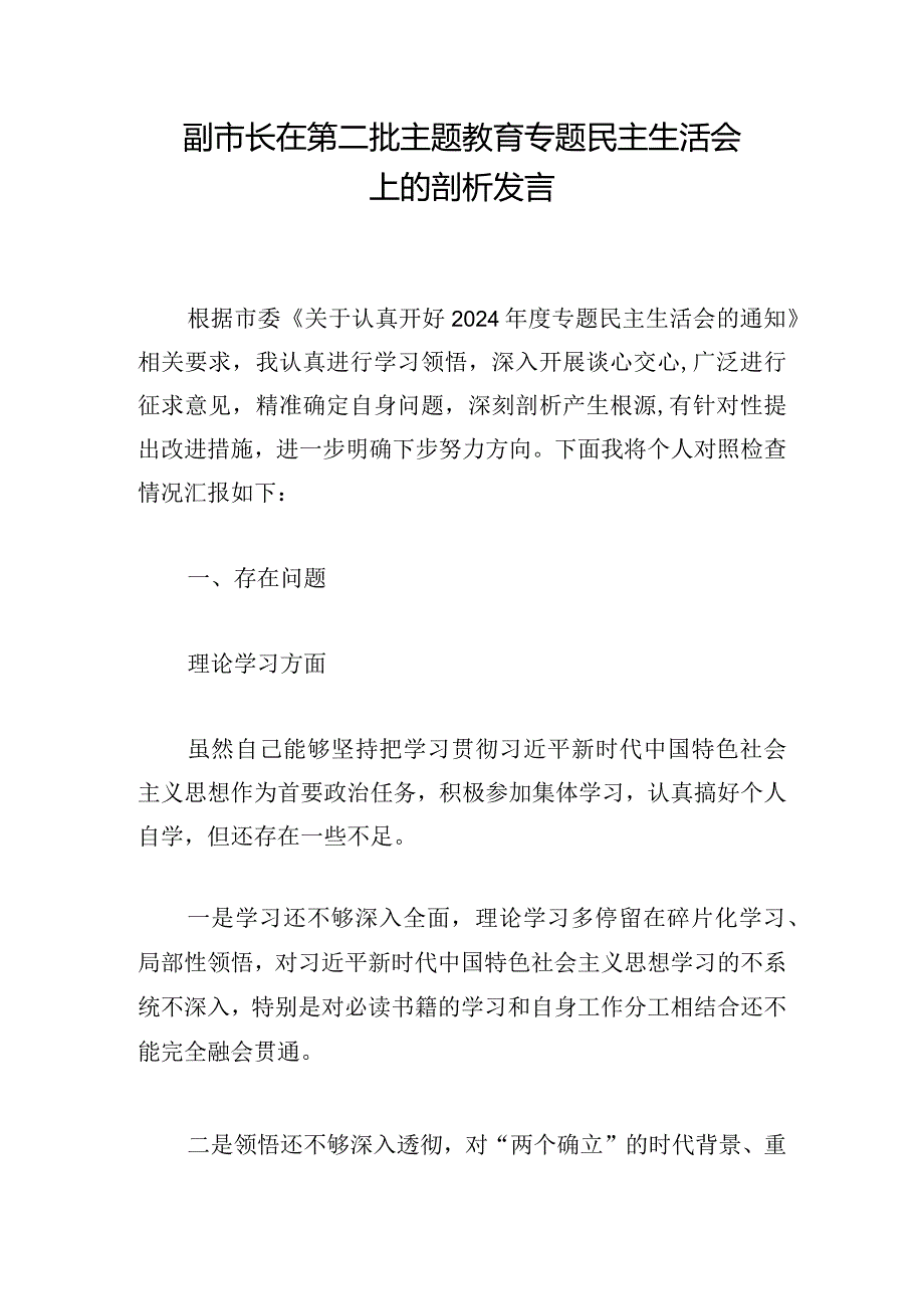 副市长在第二批主题教育专题民主生活会上的剖析发言.docx_第1页