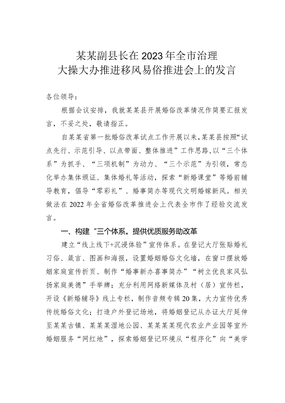 某某副县长在2023年全市治理大操大办推进移风易俗推进会上的发言.docx_第1页